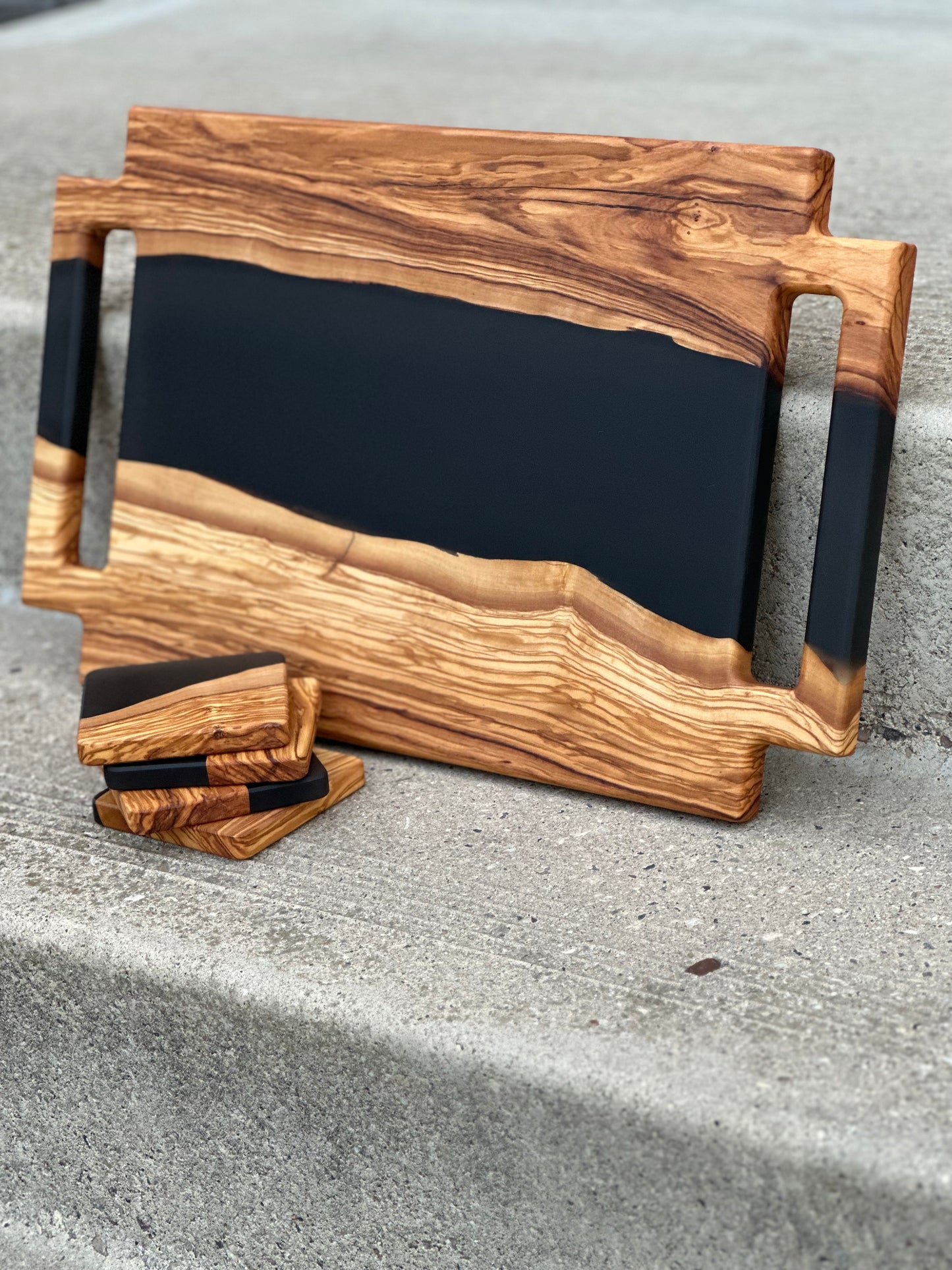 Olive wood board and coaster set