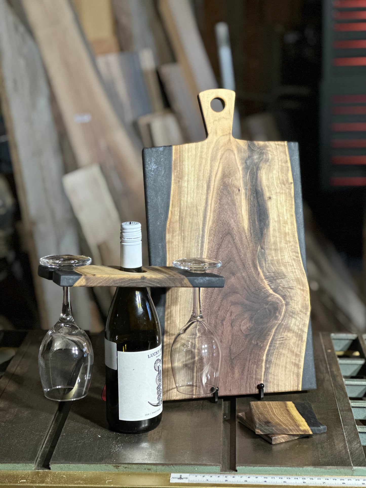 Black walnut board caddy coaster set